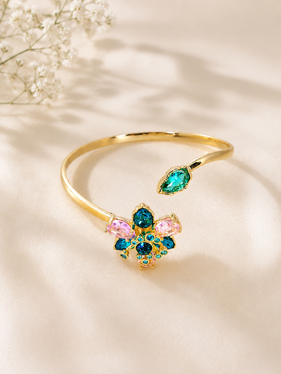 Celestia Floral Crystal Adjustable Cuff Bracelet for Women | Pink & Teal Flower Statement Bracelet | Gold-Tone Open Cuff | One Size Fits Most Wrists