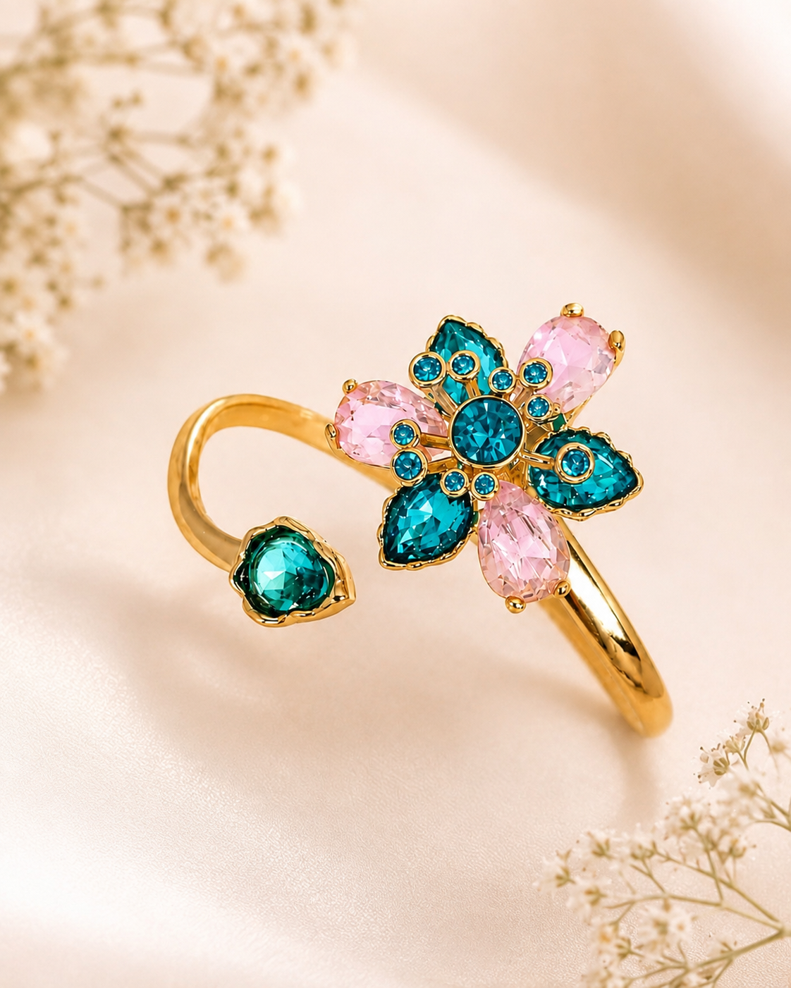Celestia Floral Crystal Adjustable Cuff Bracelet for Women | Pink & Teal Flower Statement Bracelet | Gold-Tone Open Cuff | One Size Fits Most Wrists