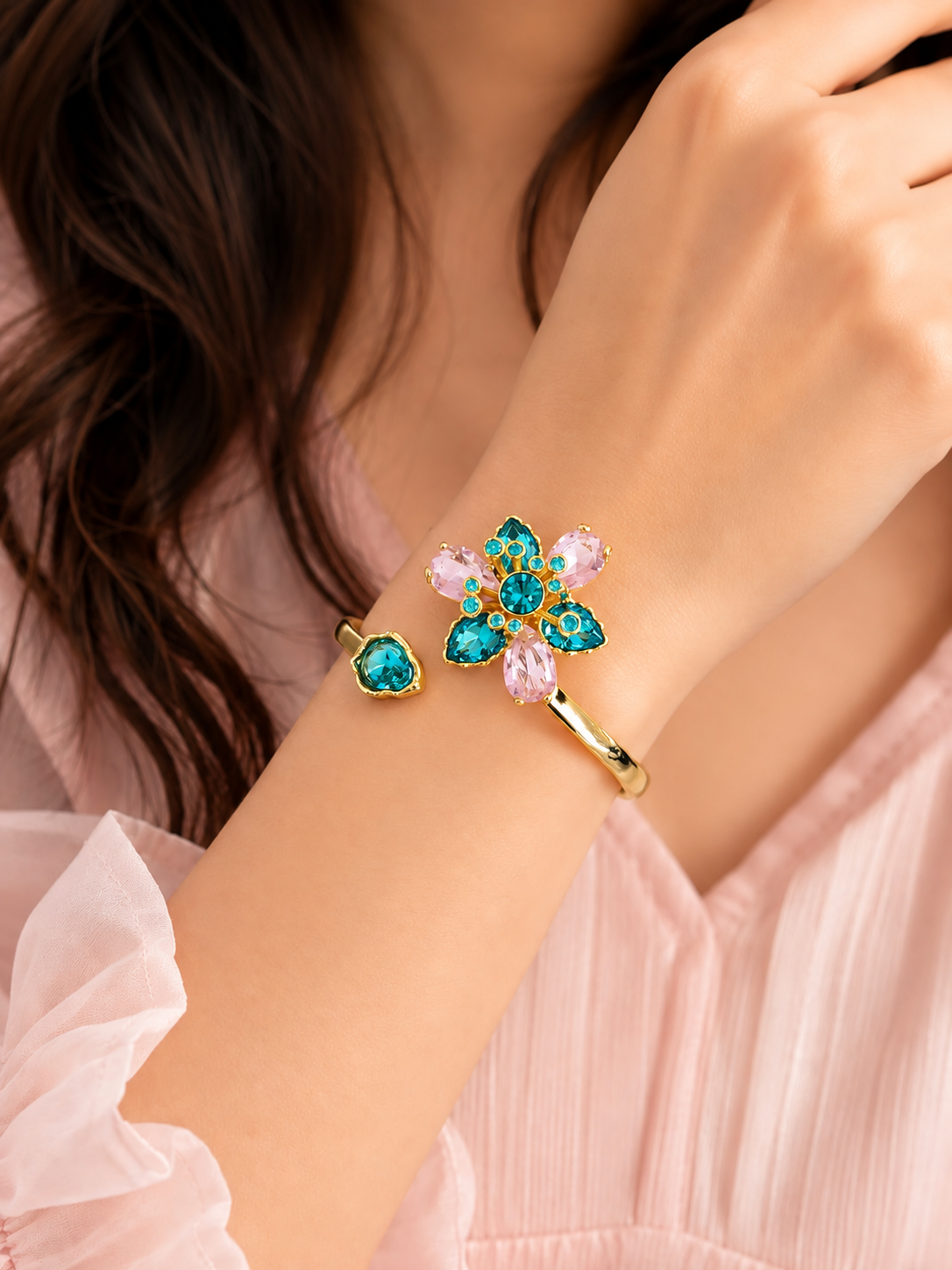 Celestia Floral Crystal Adjustable Cuff Bracelet for Women | Pink & Teal Flower Statement Bracelet | Gold-Tone Open Cuff | One Size Fits Most Wrists