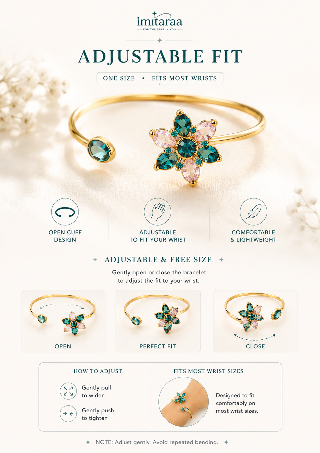 Celestia Floral Crystal Adjustable Cuff Bracelet for Women | Pink & Teal Flower Statement Bracelet | Gold-Tone Open Cuff | One Size Fits Most Wrists