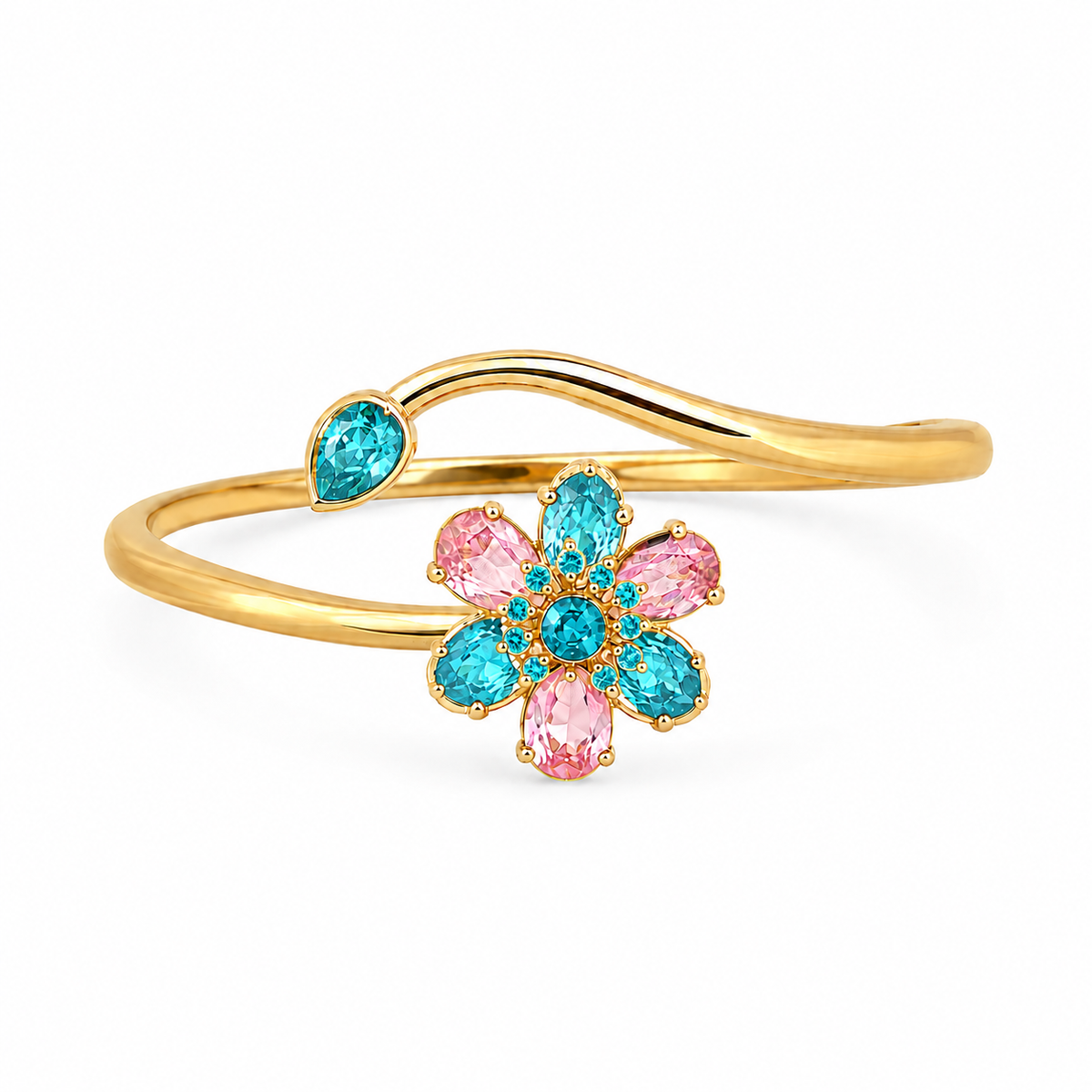Celestia Floral Crystal Adjustable Cuff Bracelet for Women | Pink & Teal Flower Statement Bracelet | Gold-Tone Open Cuff | One Size Fits Most Wrists